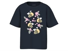 Mørkeblå T-Shirt med print af små gule bier og lyserøde blomster fra Name It navy blazer bees 13241599